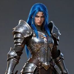 character game art portrait of a angry female warrior in full plate armour inspired by world of warcraft and diablo, long blue hair, eye scar, earrings, highly detailed, trending on artstation, 4k, octane render, unreal engine,