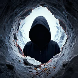 pixel sorting hooded figure peering through rift in holescape tunneling!! pixel sorting!! pixel sort