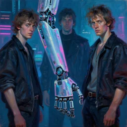 synthwave, robotic arm, neon lights, cool tint, painting by gaston bussiere, craig mullins, j. c. leyendecker, tom of finland