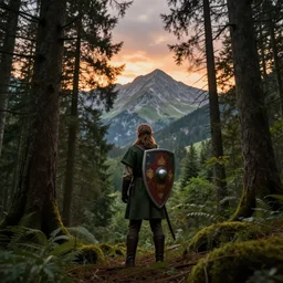elven soldier wearing a dark green tunic with a shield on his back standing at a forest looking for adventure in the mountains, tall trees, landscape is lush, moody sunset in background, greg rutkowski, alphonse mucha, trending on artstation, artgerm, unreal engine, breathtaking, award winning, highly detailed