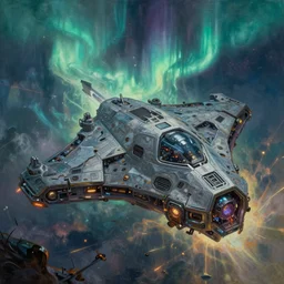 demonic spaceship , illustration, chaotic, invasion, thanatos, nano hex armor hull, alien starship, aurora borealis on background, disintegration, volumetric lighting, soft lighting, soft details, painting oil on canvas by craig mullins and charlie bowater, octane render, HDR, trending on artstation, 4k, 8k, HD