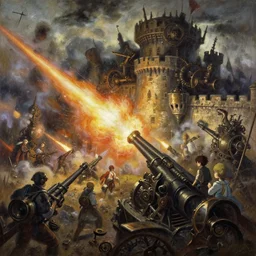 baroque oil painting of anime key visual environment concept art of anime rail canon artillery firing over castle walls, smoke debris, grimdark steampunk fantasy, battlefield, trending on artstation, brush strokes, oil on canvas, style of kawacy and makoto shinkai and greg rutkowski and studio ghibli