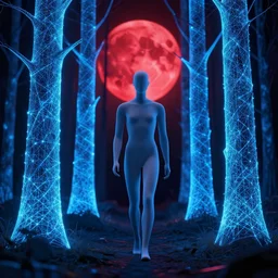 a mannequin walking through a forest of 3 d geometrical blue neon fractal light, red moon in background, award - winning, 4 k, clean line - work, trending on artstation, photorealistic, volumetric lighting, octane render