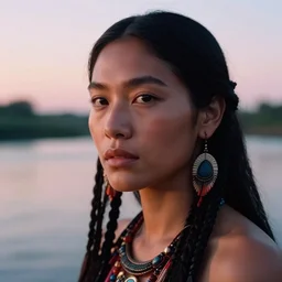 closeup photographic portrait of a stunningly beautiful female tribal shaman in soft dreamy light at sunset, beside the river, soft focus, contemporary fashion shoot, hasselblad nikon, in a denis villeneuve movie, by edward robert hughes, annie leibovitz and steve mccurry, david lazar, jimmy nelsson, hyperrealistic, perfect face
