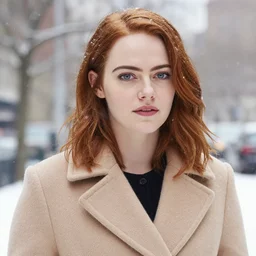 emma stone in beige coat, close up portrait, winter new york, snow, artwork by gaston bussiere, craig mullins, trending on artstation