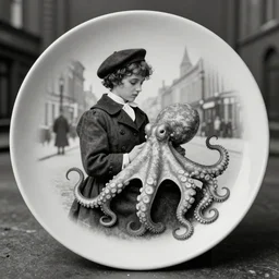 victorian street urchin embracing an octopus, vintage photograph monochrome plate