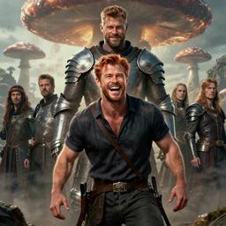 ( ( ( laughing ) ) ) ( ( ( ( copper haired chris hemsworth ) ) ) ) as destruction from sandman looking like kristofer hivju!!, medival armour!!, mushroom cloud in the bg, by jeremy mann, by frank moth, jeff easley, alphonse mucha, dave mckean, soft lightning, high detailed, 8 k
