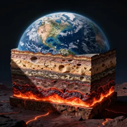 layers of the earth's crust, heaven at the top, hell at the bottom, layer of lava, cut - away view