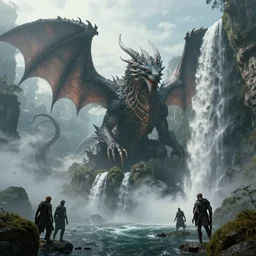 a concept art of cthulhu dragon emerging from waterfalls, beautiful landscape, lovecraftian, by daytoner daniel hahn and hr giger and wadim kashin and jeremy mann, highly detailed, mid day, dramatic lighting, octane lighting, concept art, octane render, c 4 d, artstation, hd, clear, sharp, ominous, misty, unsettling, 8 k