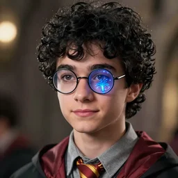 close - ip shot, character portrait, a seventeen years old male!! ravenclaw wizard with black curly hair, wearing browline!! glasses!!! with a mandrake!!!, blue shiny lighting, beautiful fantasy art, film still from new harry potter movie, by artgerm and hayao miyazaki, trending on artstation