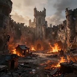 robust fantasy castle courtyard burned to the ground, fiery ambient, uplifting mood, ultra realistic, sad, small buildings, highly detailed, epic lighting, illuminated, cinematic, morning, art by eddie mendoza