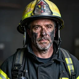 a portrait of a grizzled firefighter with black ash covering his face by anne leibowitz, detailed photography, award winning, 8 k, sharp details