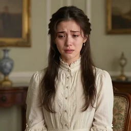 detailed studio portrait of a young victorian lady crying with a long cute beautiful dress in a beautiful victorian room, high quality by jeremy mann, only one head single portrait