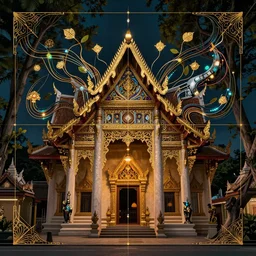 a streeet view of wat rong khun temple!! by charlie bowater and art germ, rule of thirds, golden ratio, art nouveau! cyberpunk! style, mechanical accents!, mecha plate armor, glowing leds, flowing wires with leaves, art nouveau accents, art nouveau patterns and geometry, rich deep moody colors