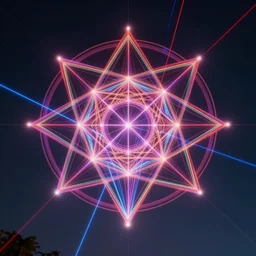 3 dimensional volumetric form of the sacred geometry of evil, made of lasers, cast across the night sky, 8 k, ultra realistic, lens flare, atmosphere, glow, detailed, intricate, full of colour, cinematic lighting, trending on artstation, 4 k, hyperrealistic, focused, extreme details, unreal engine 5, cinematic, masterpiece