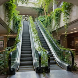 an escalator in an abandoned mall in the 1 9 8 0 s, taken over by nature, covered in vines, nature style, hyperrealistic and beautiful painting, 8 k resolution, by hugh ferris and john smith, polished, fine detail, intricate, smooth, octane, concept art, trending on artstation