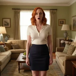 a very surprised looking  beautiful Christina Hendricks in a miniskirt in the living room, film still from the movie directed by Denis Villeneuve , wide lens
