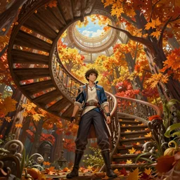 wonderful spiral staircase painting photoshop by mark ryden and pixar and hayao miyazaki, unreal 5, daz, hyperrealistic, octane render, cosplay, rpg portrait, dynamic lighting, intricate detail, harvest fall vibrancy, cinematic