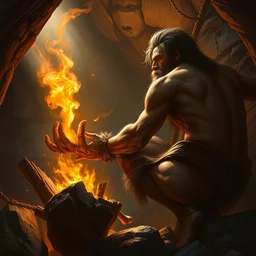 a caveman making a fire, backlight, rim lighting, deep focus, d & d, fantasy, intricate, elegant, highly detailed, digital painting, artstation, concept art, matte, sharp focus, illustration, hearthstone, art by artgerm and greg rutkowski and alphonse mucha