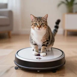 cat high on catnip sitting on a roomba robot cleaner, roomba riding towards camera, dynamic, artstation, motion blur, disco