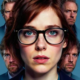 colored character study of female charlie kaufman, glasses, geek, todd solondz face and eyes | vivid colors : dramatic and emotional, concept design, realistic. by gabriel hardman, joe alves, j. todd anderson, chris bonura. cinematic atmosphere, detailed and intricate, perfect anatomy