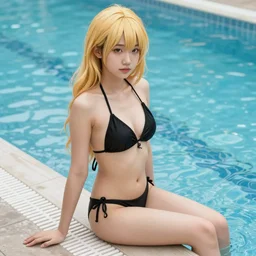 young asian girl, blond bunch, sit on the edge of swimming pool, black bikini intricate, elegant, highly detailed, artstation, sharp focus, illustration, ruan jia, rutkowski, mucha