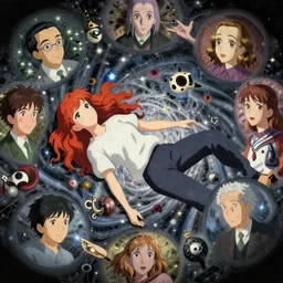 a redhead woman falls into a dream within a dream within a dream within a dream within a dream, junji ito, alex grey, salvador dali, fractal, surreal art, semi realistic anime, studio ghibli, makoto shinkai, award winning illustration, masterpiece, trending on pixiv, 8 k
