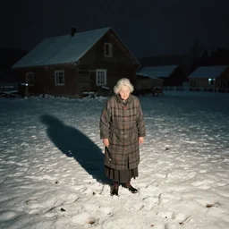 analog photograph of an old lady on the snow at night, shadow, farm, creepy, cinematic, 8 k