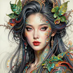 a beautiful woman portrait in hiper detailed ink in water, intricate detailed color oilpaint, 3 d render, hyper realistic detailed portrait, acrilic fluid art, thin color fractal tendrils, ornate leaves, elegant, intense colors, ruan jia, wlop. scifi, fantasy, hyper detailed, wide shot, octane render, concept art, by peter mohrbacher, by alphon