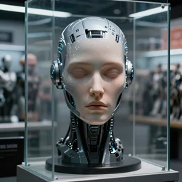 photo of a human cyborg!! in sale, in a store display, hiding a dark secret, highly detailed face, cyberpunk, year 3022, !!!medium full shot!!!, depth of field, ISO 300, aperture f11, 1/100 obturation speed
