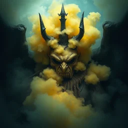 crying!!!! king of darkness!!, covered in yellow and blue clouds, evil, scary, by kim keever