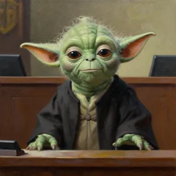 Yoda as a judge in a courtroom oil painting