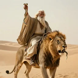a wise old man with a long white beard riding a lion in the desert, the man in holding a snake as though it where handlebars and the lion is holding the snake in its mouth, epic cinematic establishing shot, dramatic lighting