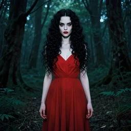 in the style of joshua middleton, artgerm, symmetrical face, full body, pretty alyson hannigan, full body, evil dead demon, evil dead movie, red dress, full body, symmetrical eyes, symmetrical eyes, long curly black hair, trees, symmetrical eyes, forest, full body, forest, cinematic lighting, evil dead