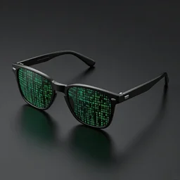 3d render of sunglasses with matrix code design, high angle, black mate background, ray tracing, octane render, unreal engine