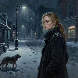 Elle Fanning stalking her prey at night in Bioshock Rapture the world of Edward Hopper, stormy snowy weather, streetlights, extremely detailed masterpiece, oil on canvas, low-key neon lighting, artstation, Blade Runner 2049, Roger Deakin’s cinematography, by J. C. Leyendecker and Peter Paul Rubens,