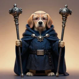 full character potrait of a genetic combination between cute puppy & walter white, holding a ceremonial staff, wearing a cloak, zdzislaw beksinski, lewis jones, dariusz zawadzki, wayne barlow, warhammer fantasy, cold hue's, warm tone gradient background, concept art, 4 k, ultra - high - definition