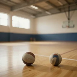 a empty sports hall. a ball is lying at the floor. the image is blurred. unreal engine