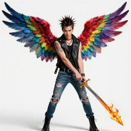 ! dream a punk angel with multicolored wings dressed in a sleeveless leather jacket, and ripped jeans using a fiery sword, watercolor, spray paint, spectral color, high contrast, technicolor, 2. 5 - dimensional, 2. 5 d, in a symbolic and meaningful style