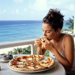 Eating a pizza on the balcony watching the Caribbean Sea, photo made by Slim Aarons, award winning,