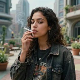 candid photographic portrait of a poor techwear mixed young woman smoking inside a dystopian city, closeup, beautiful garden terraces in the background, sigma 85mm f/1.4, 4k, depth of field, high resolution, 4k, 8k, hd, full color