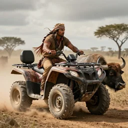 indian on wooden native atv attacking bufallos, action scene, an epic fantasy, dramatic lighting, cinematic, establishing shot, extremely high detail, photorealistic, cinematic lighting, artstation, octane render, old photo, buffalo hunt movie, alpha movie, western