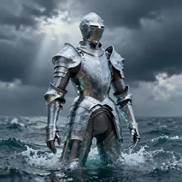 suit of armor, made of liquid, made of water, rising up from ocean, water armor, high detail, high contrast, medium close up portrait, studio lighting, stormy seas, beautiful, bokeh, snowy, storm clouds, god rays, d & d, fantasy, elegant, low key color palette, concept art, roger deakins and greg rutkowski and alphonse mucha