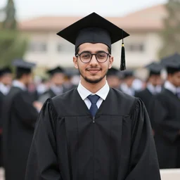 algerian young man at his graduation, glasses, short black hair, graduation day