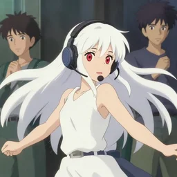 anime film still portrait of white long haired red eyed young cute girl wearing headset, dynamic pose, trending on pixiv fanbox, yoshinari yoh, makoto shinkai takashi takeuchi studio ghibli, akihiko yoshida, 4 k