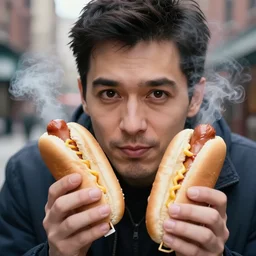 closeup portrait of a sneaky man hiding trying to sell hotdogs in a smoky new york back street, by Annie Leibovitz and Steve McCurry, natural light, detailed face, CANON Eos C300, ƒ1.8, 35mm, 8K, medium-format print