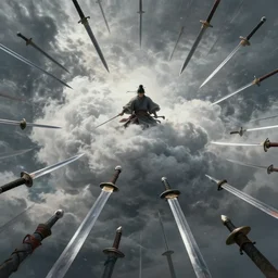 cloud of flying swords surrounding ancient chinese warrior, by greg rutkowski, fantasy, high detail, swarm of swords, storm of swords