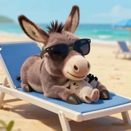 donkey with sunglasses lying on a beach sun bed ultra wide lens shot , tiny, swine, hug, small, short, cute and adorable, pretty, beautiful, art portrait, matte fantasy painting, DeviantArt Artstation, by Jason Felix by Steve Argyle by Tyler Jacobson by Peter Mohrbacher, cinematic lighting