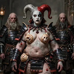 character portrait of rubenesque woman draugr with harelequin icthyosis wearing samurai yoroi, mortal shell, scorn game, by h r geiger and beksinski, grim dark, rembrandt, ukiyo - e, cg society, tone mapping, global illumination