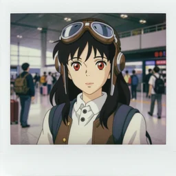 a polaroid full body portrait of a very confident 1 9 5 0's anime style aviator disney style girl, red eyes, finely detailed features, closeup at the faces, perfect art, in the airport yard, gapmoe yandere grimdark, trending on pixiv fanbox, painted by greg rutkowski makoto shinkai takashi takeuchi studio ghibli, akihiko yoshida,